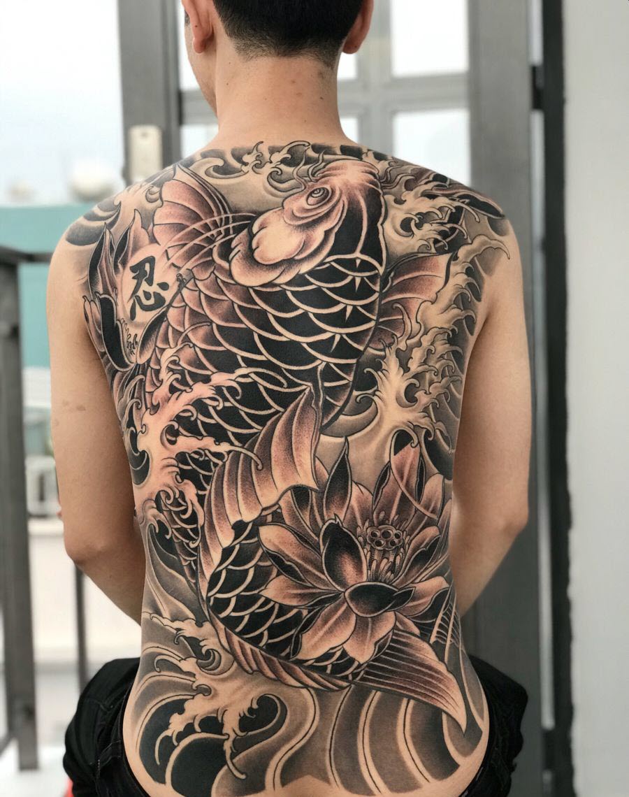 Full back carp tattoo pattern