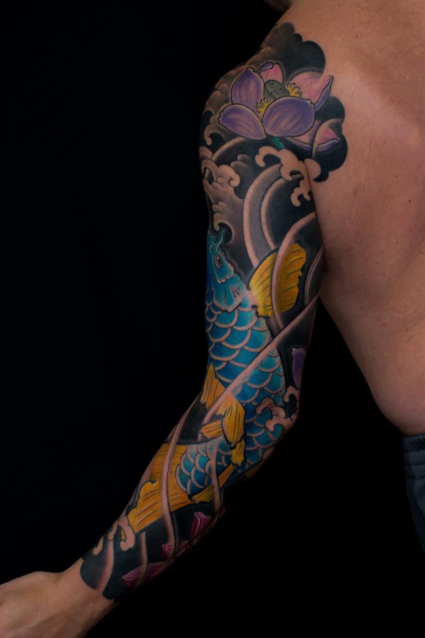 Full hand blue carp tattoo pattern